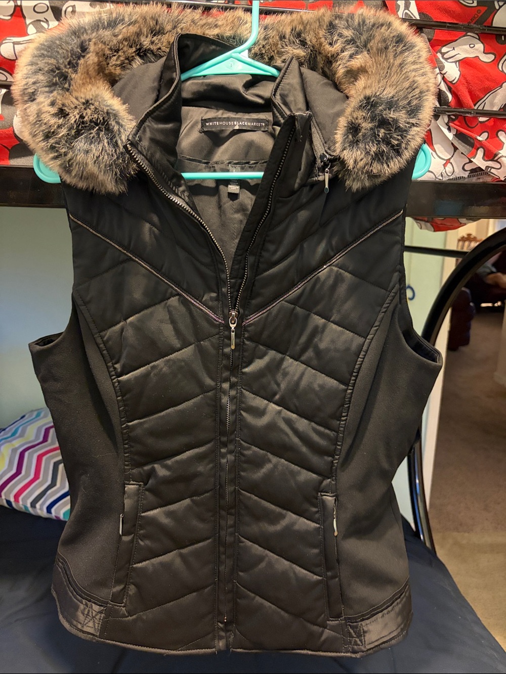 White House Black Market Black Quilted Puffer Vest with Faux Fur Hood Trim NWOT